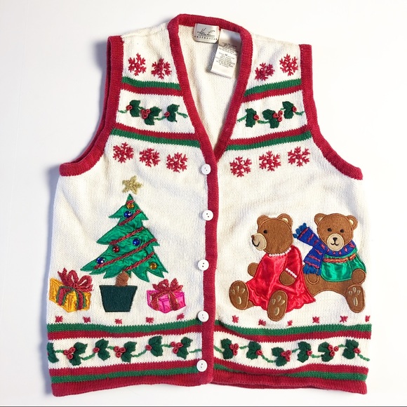 Vintage Sweaters - Vintage Crazy Christmas Bear Vest Medium